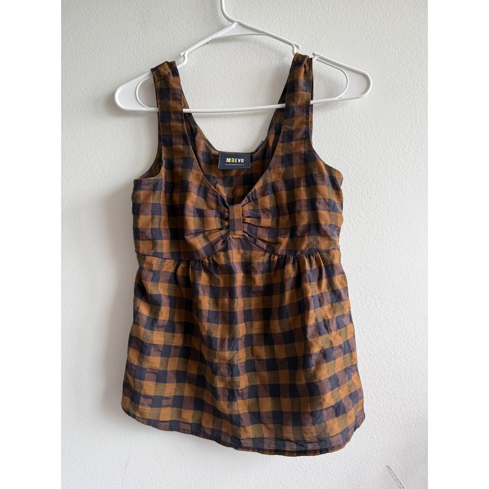 Maeve Anthropologie Brown Black Gingham‎ Babydoll Peplum Top Bow V-Neck Size 0